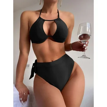 2023 Нов многоцветен сплит бански дамски секси кух колан със стоманена гривна и възглавница на гърдите Бикини бански костюми - Изображение 2  