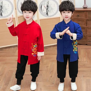 2023NEW Китайски традиционен ханфу за деца момчета дълъг ръкав дракон бродерия Нова година Tang костюм Коледа есен памук червен - Изображение 1  