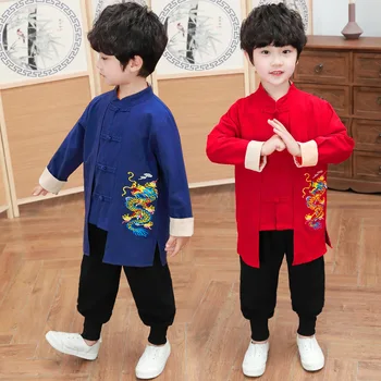 2023NEW Китайски традиционен ханфу за деца момчета дълъг ръкав дракон бродерия Нова година Tang костюм Коледа есен памук червен - Изображение 2  