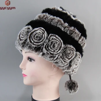 2024 Гореща продажба жени зимни топли райета естествени реални Rex заек кожени шапки дама топло плета истински кожени шапки руски открит кожени шапка - Изображение 1  