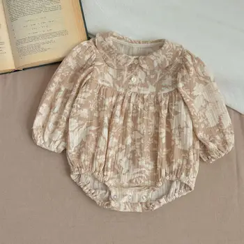 2024 Пролет момиче бебе ревера цветен печат дълго Sleevs боди мода новородено цвете памук хлабав Onesie бебе ежедневни дрехи - Изображение 1  
