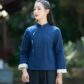 2024 традиционен китайски подобрен qipao върхове руно облицовани памук бельо палто китайски реколта дзен костюм чай услуга ханфу яке - Изображение 1  