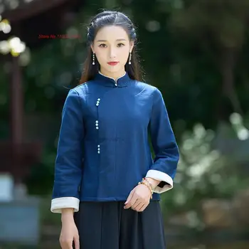 2024 традиционен китайски подобрен qipao върхове руно облицовани памук бельо палто китайски реколта дзен костюм чай услуга ханфу яке - Изображение 2  