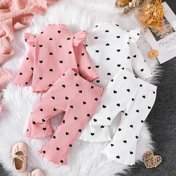 2Pcs облекло комплект за дете новородено момиче 3-24 месеца пижами дълъг ръкав пижама облекло малко дете бебе любов печат комплект за бебе - Изображение 1  