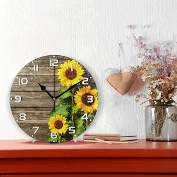 3D слънчогледи реколта дърво печат кръг стена часовник безшумен стена часовник батерии експлоатирани кварц аналогов тихо бюро часовник за дома - Изображение 2  