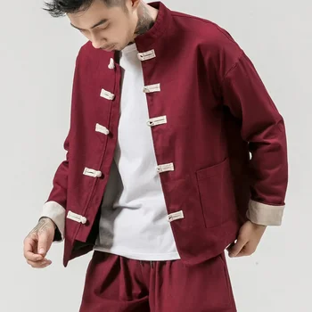 4 цвята мъжки Tang костюм яке китайски стил хлабав голям размер палто ретро мода памук и бельо бутон ханфу костюм ежедневни облекла - Изображение 2  
