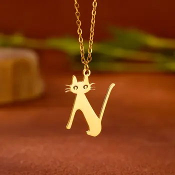 Cat първоначално писмо огърлица за жени златен цвят неръждаема стомана колиета мода азбука бижута котка любовник подарък безплатна доставка - Изображение 2  