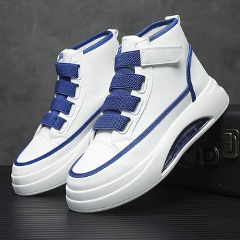 Damyuan Бели мъжки обувки Мъжки спортни маратонки Кожени дебели подметки Къси ботуши Мода Ежедневни обувки Удобни обувки без хлъзгане - Изображение 1  