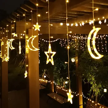 Eid Moon Star слънчева завеса лампа Приказни светлини Коледни празнични декорации за дома Сватбена стая Прозорец Градина Външен декор - Изображение 2  