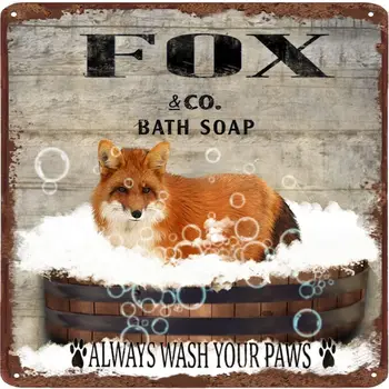 Fox плакат калай знак реколта баня сапун вашите лапи метален калай знак бар клуб семейна баня тоалетна кафе стена декорация - Изображение 1  