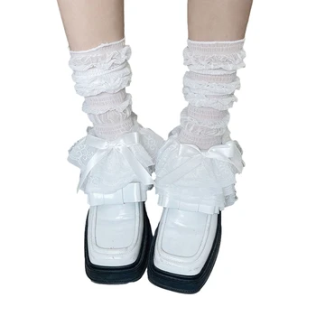 hirigin жени крак топло сладък Лолита обувка чорапи лък теле покритие дантела чорапи за парти улично облекло - Изображение 1  