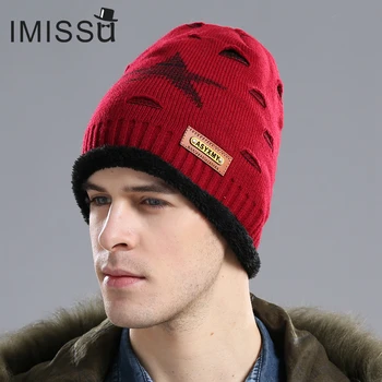 IMISSU Зимна шапка на Уен Дебела топла плетена памучна шапка Skullies Мода Ежедневни шапки Хип-хоп звезда стил геометричен модел шапка - Изображение 1  
