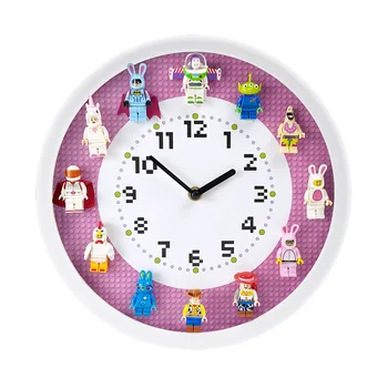 Ins Нова стена часовник карикатура кукла розов кръгъл стенен часовник домакинство хол строителни блокове дисплей часовник дома декорация - Изображение 1  