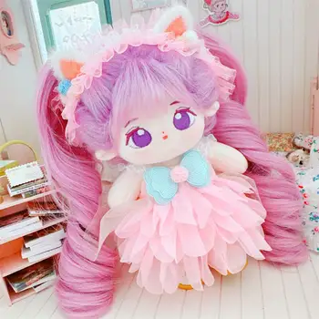 Kawaii син лък розова рокля костюм идол кукла за 20 см сладък пълнени лилаво плюшени кукла играчка DIY дрехи аксесоар аниме меки детски играчки - Изображение 1  