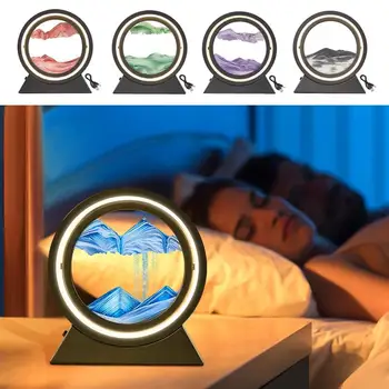 LED пясъчен пейзаж 3DLamp движеща се пясъчна рамка нощна светлина пясъчен часовник светлина дълбоководен дисплей с 3 цвят, променящ се на 360 градуса въртене - Изображение 1  