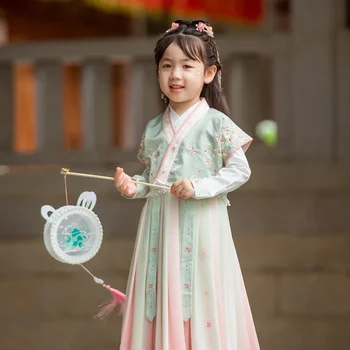 Ming династия пискюл бродерия ханфу рокли 2PCS деца момичета китайски стил детски костюм Tang костюм принцеса етап танц рокля - Изображение 1  