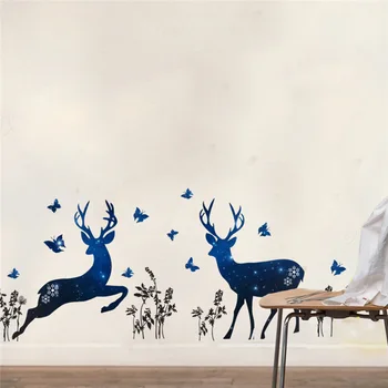 Sika елен с пеперуда стена стикер за детска стая декорация 3d изглед стенопис изкуство DIY Pvc Начало Decal животински плакат - Изображение 1  