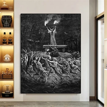 Vintage Black Poster Sabbath by Gustave Dore Sabbath Print Окултен печат Начало Стенно изкуство Декор Тъмно изкуство Платно Живопис Картини - Изображение 1  