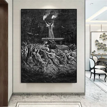 Vintage Black Poster Sabbath by Gustave Dore Sabbath Print Окултен печат Начало Стенно изкуство Декор Тъмно изкуство Платно Живопис Картини - Изображение 2  