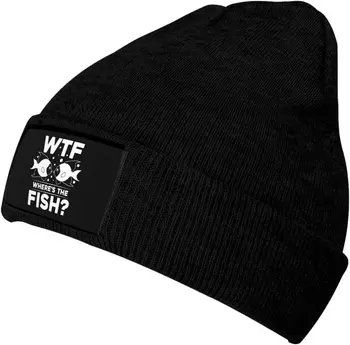 WTF Къде е рибата плетена шапка Beanie мека топла плетена шапка за череп черна зимна шапка за мъже и жени - Изображение 1  