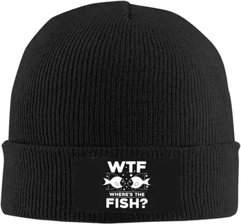 WTF Къде е рибата плетена шапка Beanie мека топла плетена шапка за череп черна зимна шапка за мъже и жени - Изображение 2  