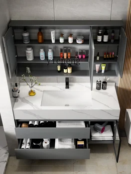 XL Минималистичен интегриран каменна плоча шкаф за баня Комбинация мивка мивка междуплатформена мивка - Изображение 2  