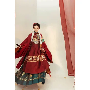 YanShanTing Есен Древна китайска династия Мин сватба винен кръг врата халат тъмно зелен кон лицето пола Коледа костюм комплект - Изображение 1  