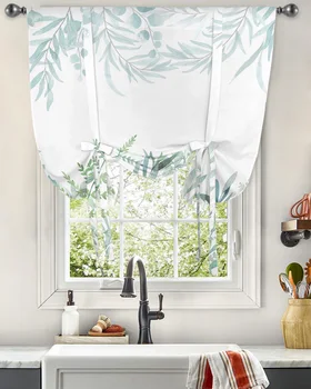 акварелни зелени листа листа растителна завеса за хол кухня вратовръзка къси завеси регулируеми прът джобни завеси - Изображение 1  