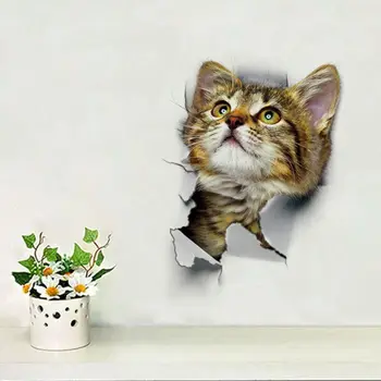 Баня 3D стереоскопичен ефект изкуство стенопис кабинет фон декорация тоалетна стикери кола ваденки котка стена стикер тапет - Изображение 1  