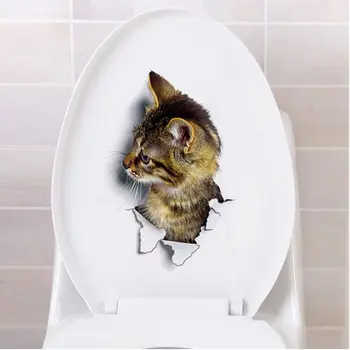 Баня 3D стереоскопичен ефект изкуство стенопис кабинет фон декорация тоалетна стикери кола ваденки котка стена стикер тапет - Изображение 2  