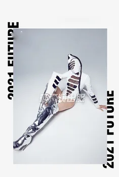 Бъдещо сценично шоу Жени гого боди бяло Извънземна технология кожа гого костюм кухи шапки секси костюми ds костюм - Изображение 2  