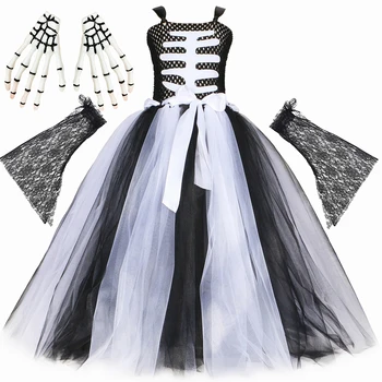 Бял черен скелет Хелоуин костюми Момичета Страшен призрак дълга пачка рокля Деца мъртви на деня Карнавално облекло с дантелени ръкави - Изображение 1  