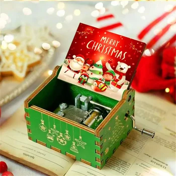 Весела Коледа Тема Музикална кутия Дърворезба Дървена ръчна манивела Музикална кутия Дядо Коледа Новогодишен коледен подарък за деца приятел - Изображение 1  