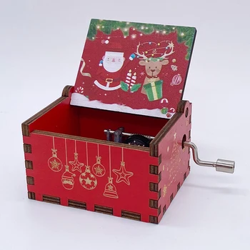Весела Коледа Тема Музикална кутия Дърворезба Дървена ръчна манивела Музикална кутия Дядо Коледа Новогодишен коледен подарък за деца приятел - Изображение 2  