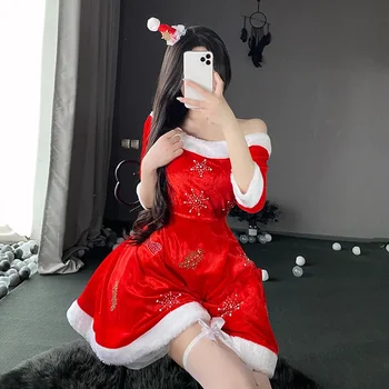 Възрастни жени Секси Коледа изпълнява кристал рокля Коледа дама Дядо Коледа косплей костюм зайче момичета сладък униформа с шапки - Изображение 1  