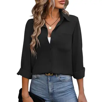 Дамска риза стилен дамски дълъг ръкав бутон надолу ризи плътен цвят офис блуза яка отгоре с джоб пролет есен - Изображение 1  