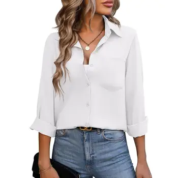 Дамска риза стилен дамски дълъг ръкав бутон надолу ризи плътен цвят офис блуза яка отгоре с джоб пролет есен - Изображение 2  