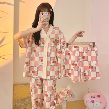 Дамски пижама комплекти лято секси голям размер шезлонги къс ръкав шорти панталони дамски 3бр спално облекло сладък череша мечка пижами - Изображение 2  
