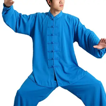 Две части мъже комплект плътен цвят фуста риза хлабав плюс размер облекло китайски традиционни Тай Чи костюми Кунг Фу износване - Изображение 1  
