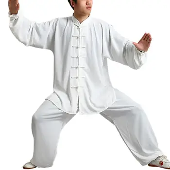 Две части мъже комплект плътен цвят фуста риза хлабав плюс размер облекло китайски традиционни Тай Чи костюми Кунг Фу износване - Изображение 2  