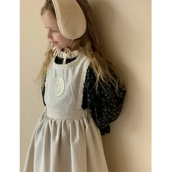 Детски момиче реколта рокли комплекти есента корейски стил бебе момичета памук бельо тиранти рокля + блуза дълъг ръкав две части екипировки - Изображение 2  