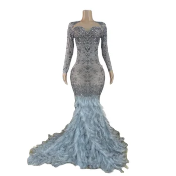 Дълги ръкави блестящи кристали секси сини пера русалка рокля за жени вечер знаменитост облекло бална зала сцена костюм - Изображение 1  