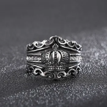 Европейска и американска ретро личностна корона инкрустирана циркон титанова стомана мъжки пръстен - Изображение 1  