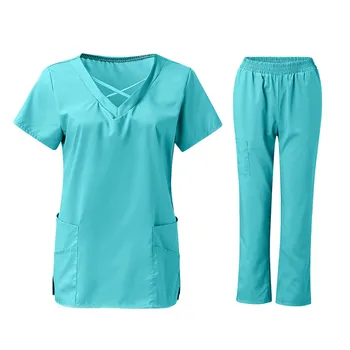 Ексфолианти Медицински униформи Жена плътен цвят блуза с къс ръкав + панталон медицинска сестра униформа хирургически медицински сестри болница работно облекло гащеризони - Изображение 2  