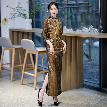 Есен елегантен велур седем точки ръкав Cheongsam жени тънък пайети кадифе Qipao вечерно парти рокля Vestidos извънгабаритни 6XL - Изображение 1  