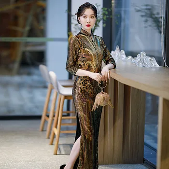 Есен елегантен велур седем точки ръкав Cheongsam жени тънък пайети кадифе Qipao вечерно парти рокля Vestidos извънгабаритни 6XL - Изображение 2  