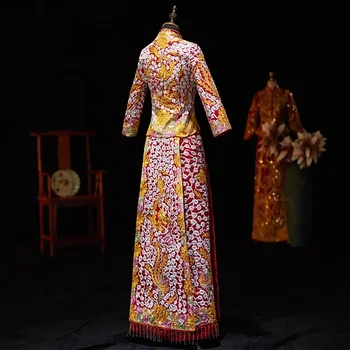 Женски елегантен пискюл Cheongsam дракон бродерия китайски стил злато сватбена рокля брак комплект булката костюм тънък тост Xiuhe - Изображение 2  
