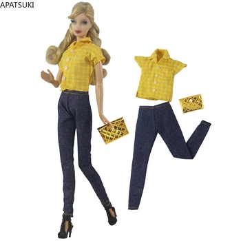Жълти модни тоалети за кукла Барби Комплект дрехи Блуза Риза Дънкови дънки Панталони Панталони Портмоне 1/6 Аксесоари за кукли Играчки - Изображение 1  