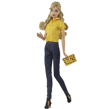 Жълти модни тоалети за кукла Барби Комплект дрехи Блуза Риза Дънкови дънки Панталони Панталони Портмоне 1/6 Аксесоари за кукли Играчки - Изображение 2  
