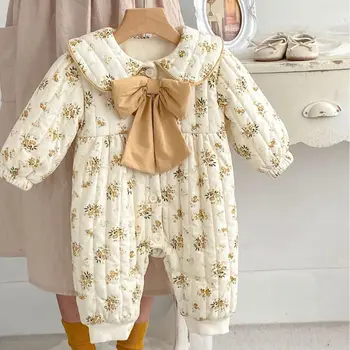 Зимно бебе момиче снежно облекло памук плюс кадифе дебели топли новородени момичета парки еднореден възел флорални бебе момиче снежен костюм - Изображение 1  